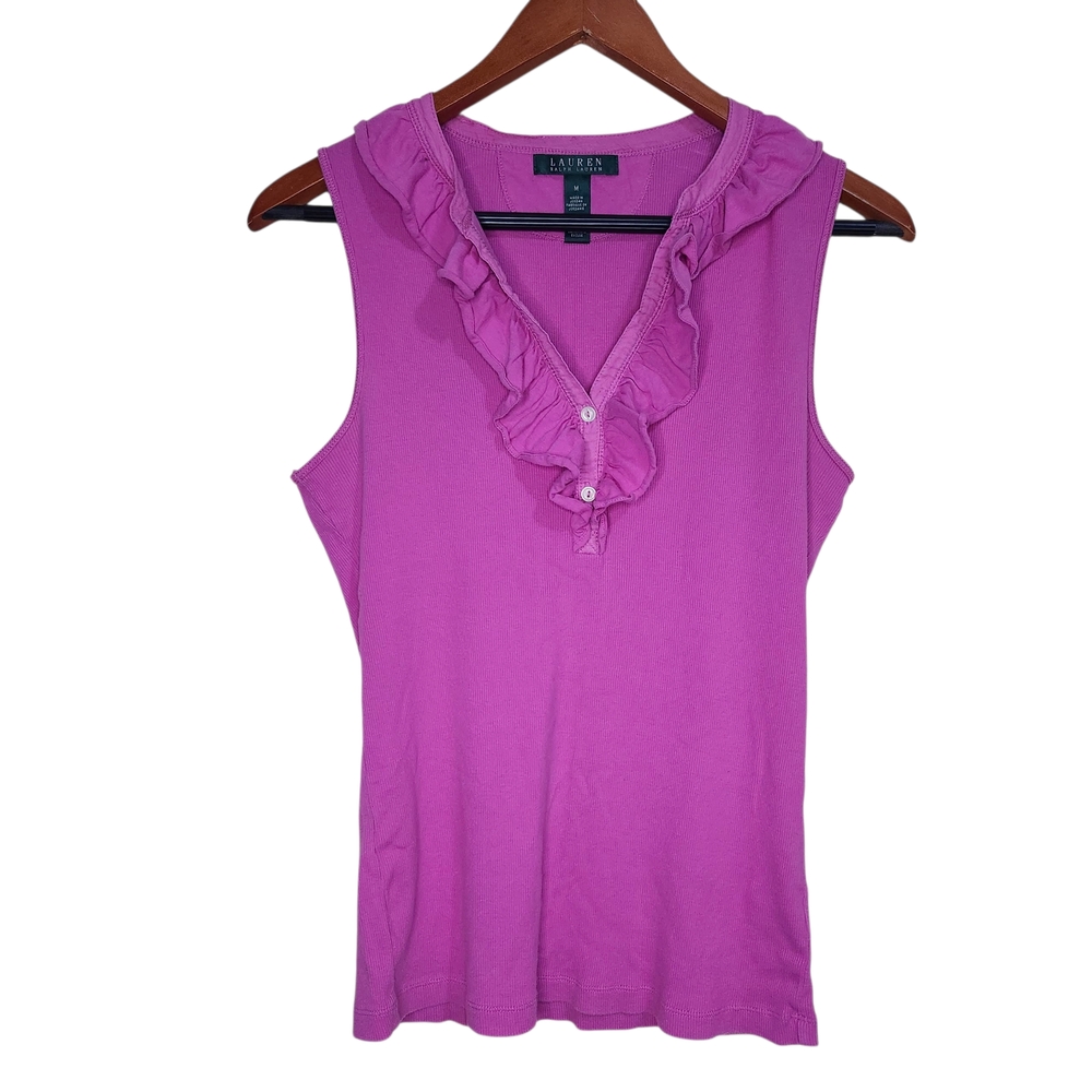 Lauren Ralph Lauren Sleeveless‎ Ruffle Front Blouse Sz Medium Bright Pink